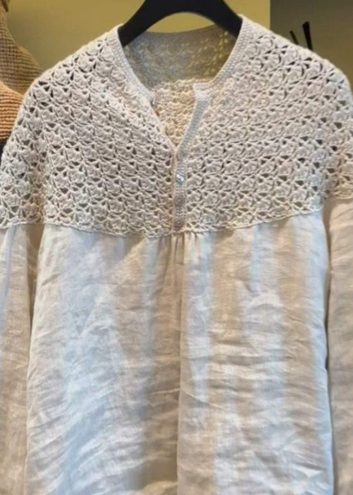 Übergroße handgemachte weiße Patchwork Sommer Tops Leinen Hohl