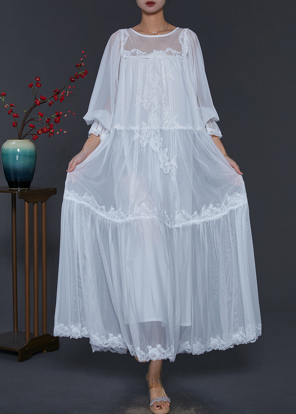 Handmade White Oversized Patchwork Lace Tulle Holiday Dress Spring SD1016