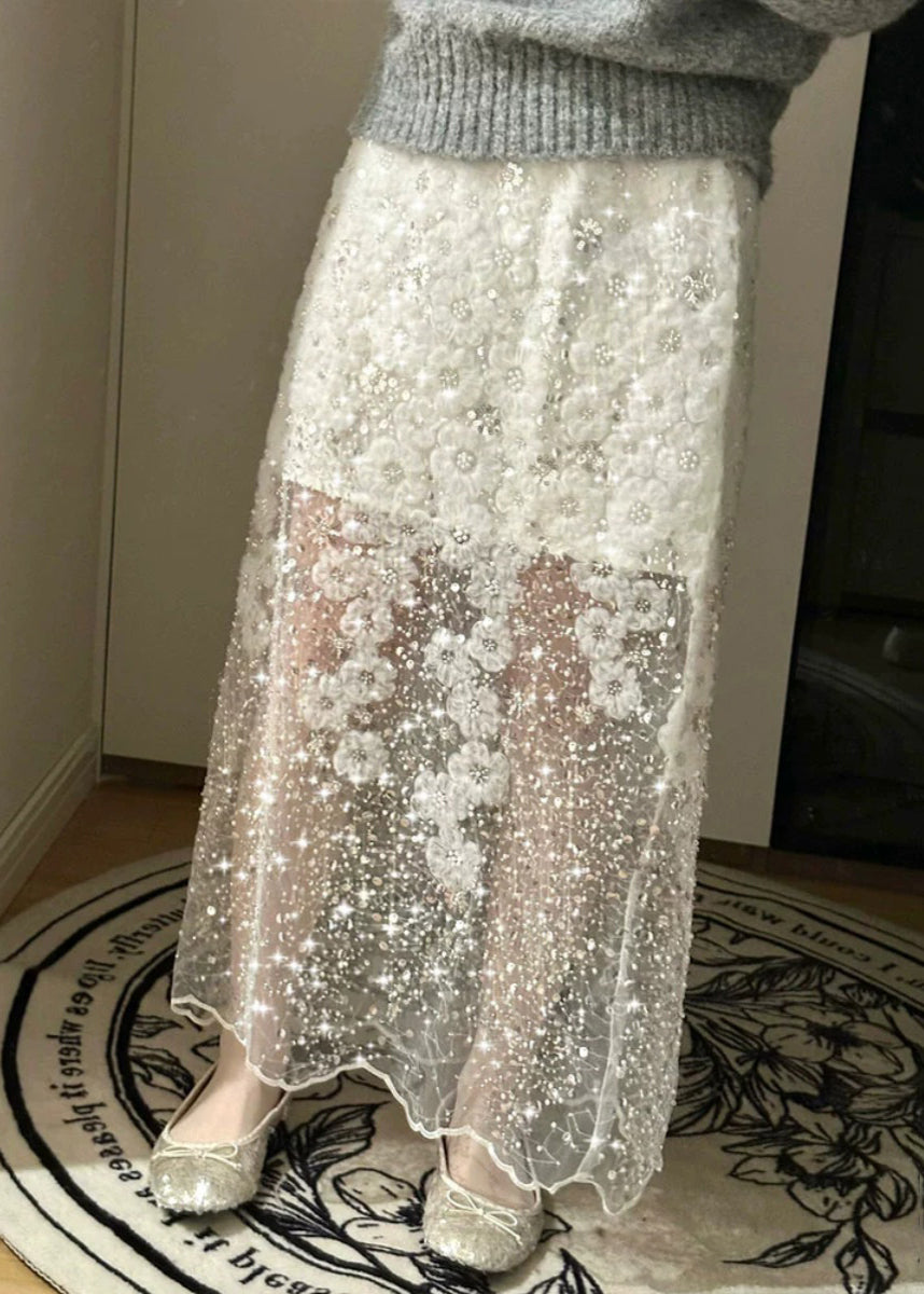 Jupe d'été en tulle à paillettes et perles faite à la main, blanche