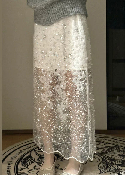 Jupe d'été en tulle à paillettes et perles faite à la main, blanche