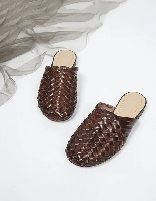 Handmade Woven Leather Round Head Slippers Ada Fashion