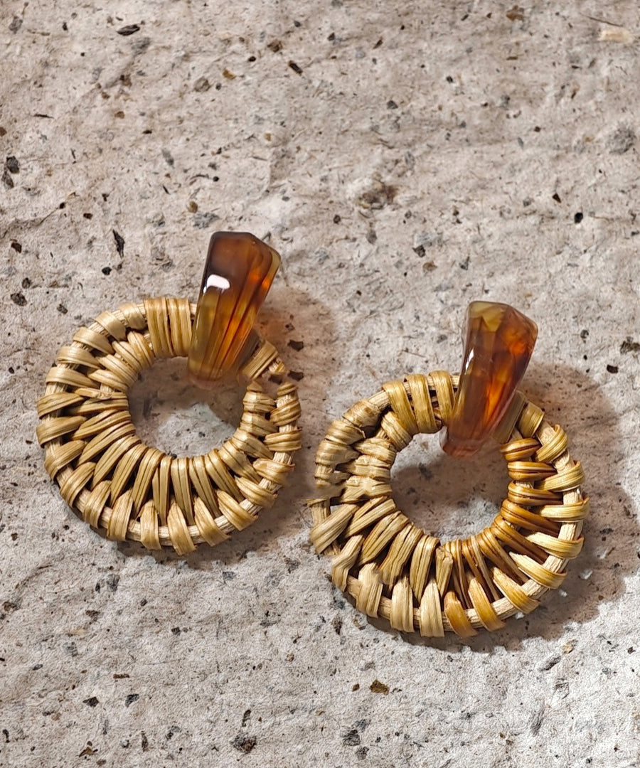 Bamboo Earrings Hoop Weaving Grass Vine Alloy Handmade Yellow