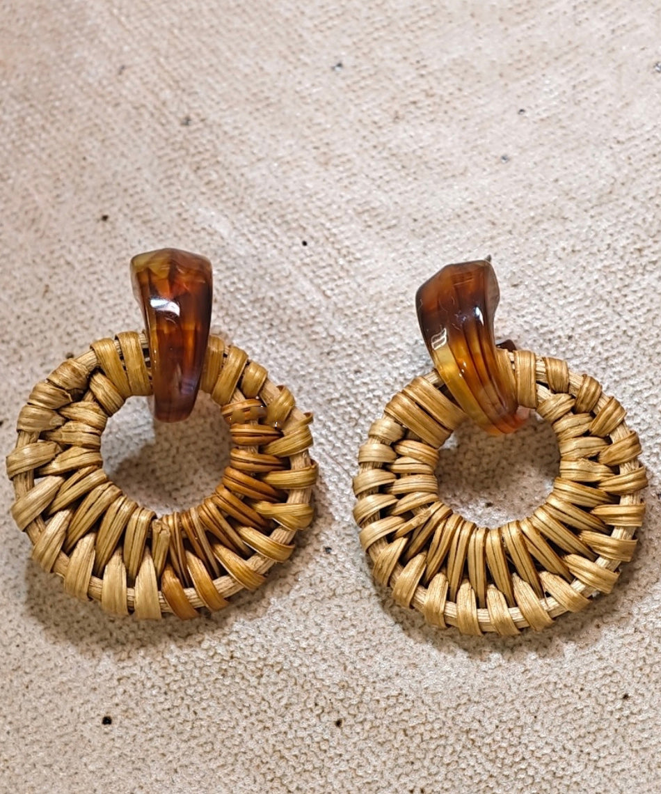 Bamboo Earrings Hoop Weaving Grass Vine Alloy Handmade Yellow