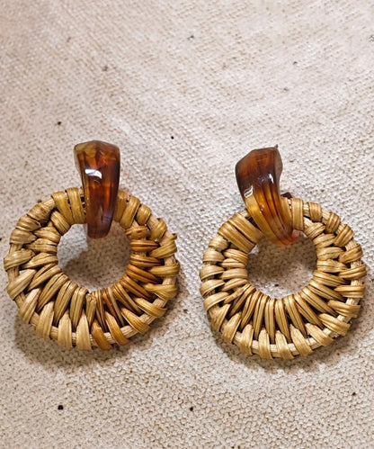 Bamboo Earrings Hoop Weaving Grass Vine Alloy Handmade Yellow