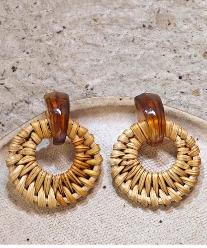 Bamboo Earrings Hoop Weaving Grass Vine Alloy Handmade Yellow