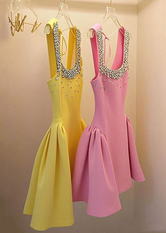 Nagel Ärmelloses Patchwork Up Handgemachte Gelbe Kleid Perle Spitze