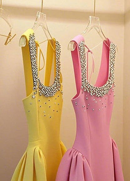 Nagel Ärmelloses Patchwork Up Handgemachte Gelbe Kleid Perle Spitze