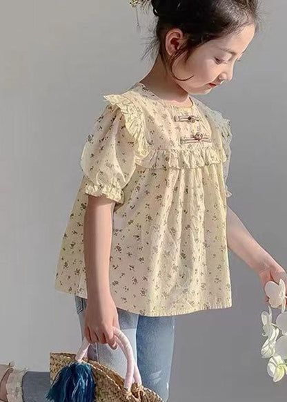 Chemises à boutons jaunes à col rond faites à la main pour filles Été SS1009