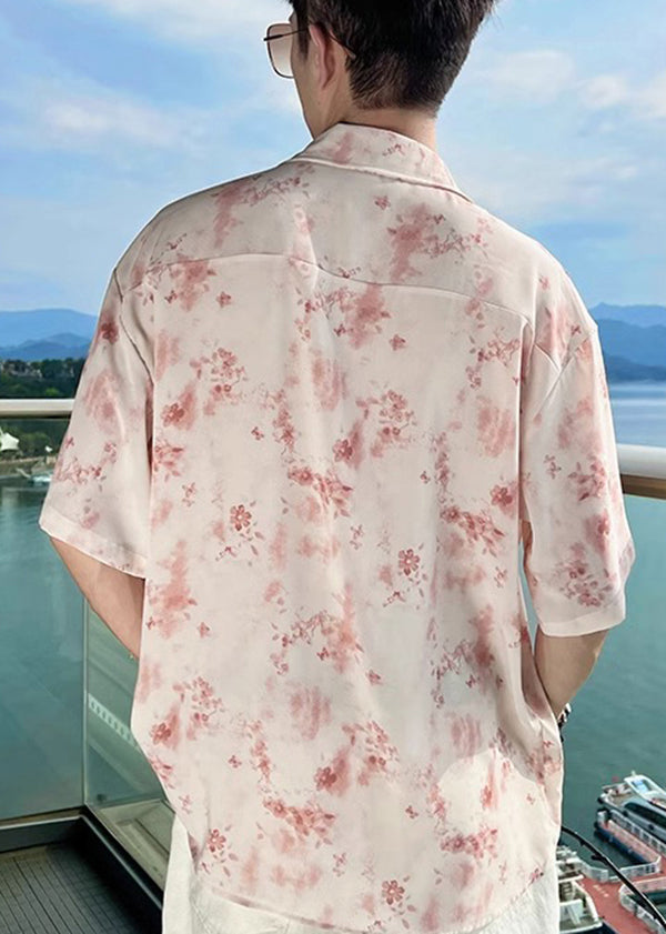 Hawaiian Vacation Pink Ice Silk Floral Shirt Men's Short Sleeved HG033