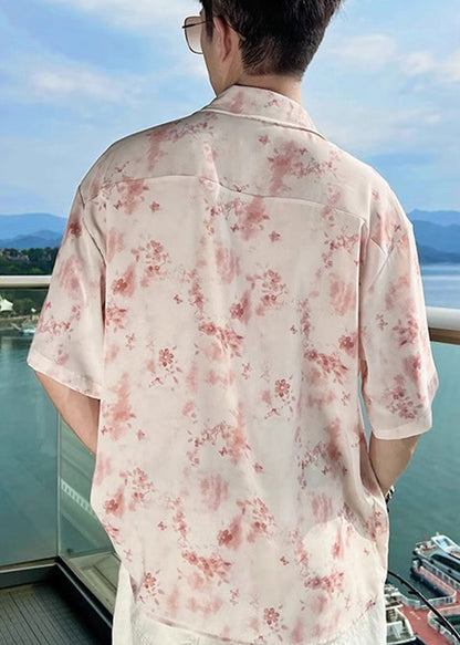 Chemise à fleurs en soie glacée rose Hawaiian Vacation pour hommes à manches courtes HG033