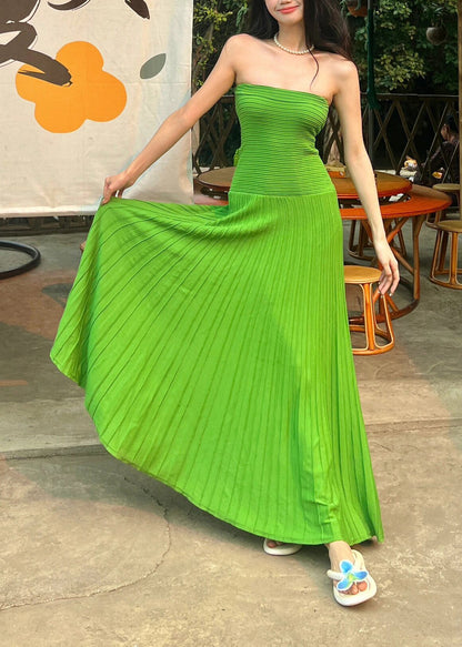 Robe bustier en soie glacée verte style vacances, cintrée à la taille, été EE1015