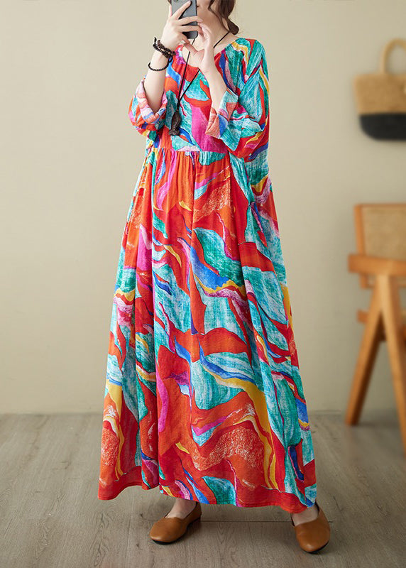 Holiday Style Red O-Neck Print Loose Cotton Long Dress Summer AP070