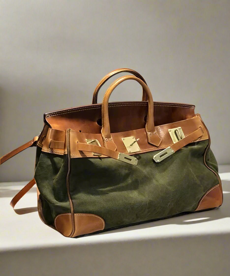 Italian Army Green Calf Leather Patchwork Tote Handbag GEM026