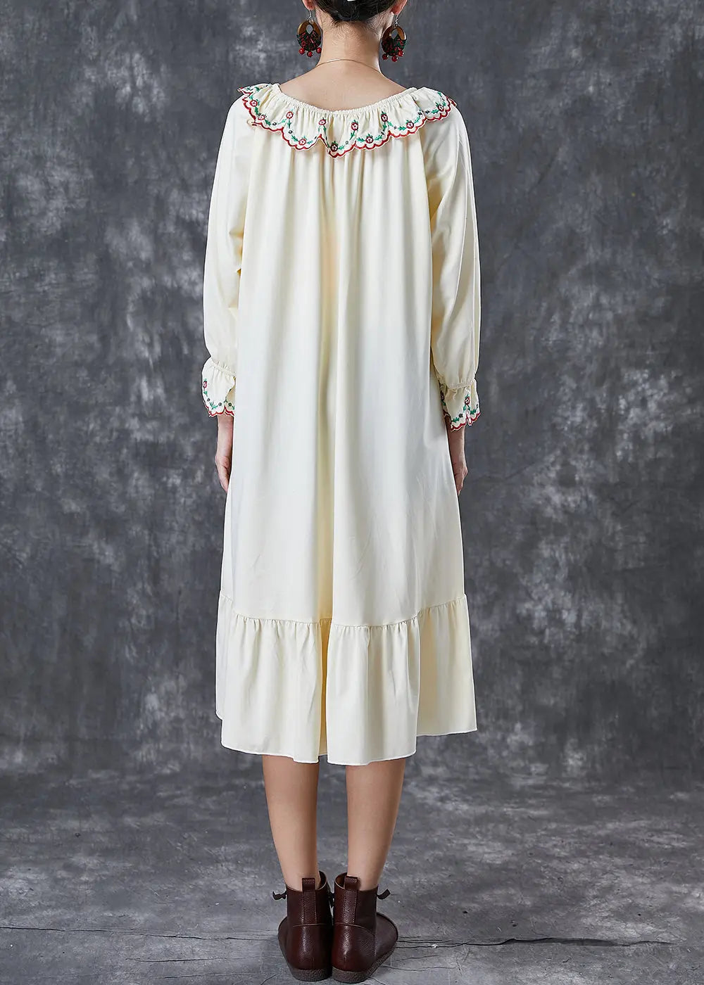 Italian Beige Embroidered Ruffles Cotton Maxi Dresses Fall Ada Fashion