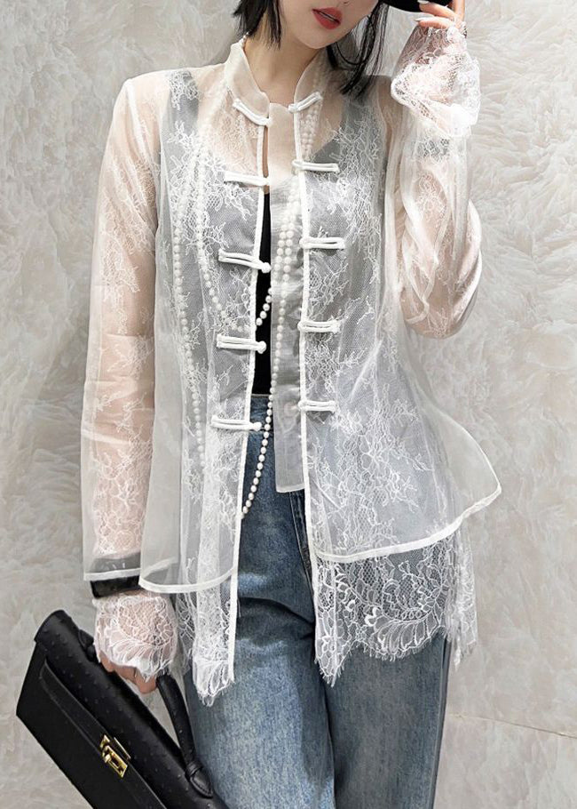 Italian Black Button Lace Patchwork Tulle Shirts Long Sleeve QA1010 Ada Fashion