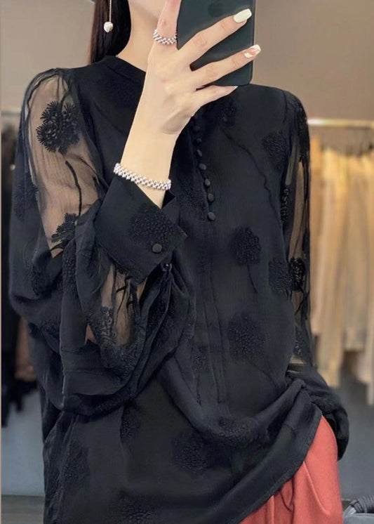 Italian Black Embroidered Button Chiffon Shirt Long Sleeve GH1065