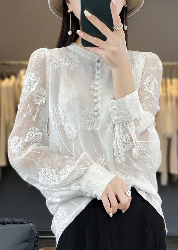 Italian Black Embroidered Button Chiffon Shirt Long Sleeve GH1065