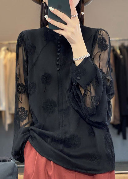 Italian Black Embroidered Button Chiffon Shirt Long Sleeve GH1065