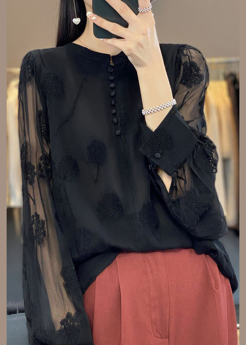 Italian Black Embroidered Button Chiffon Shirt Long Sleeve GH1065