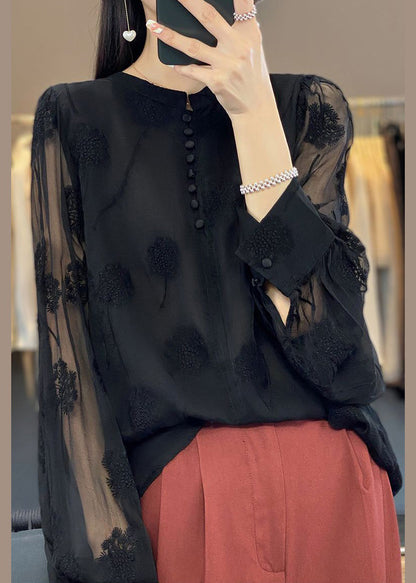Italian Black Embroidered Button Chiffon Shirt Long Sleeve GH1065