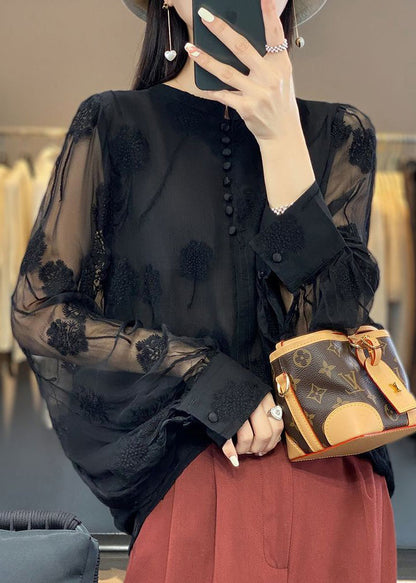 Italian Black Embroidered Button Chiffon Shirt Long Sleeve GH1065
