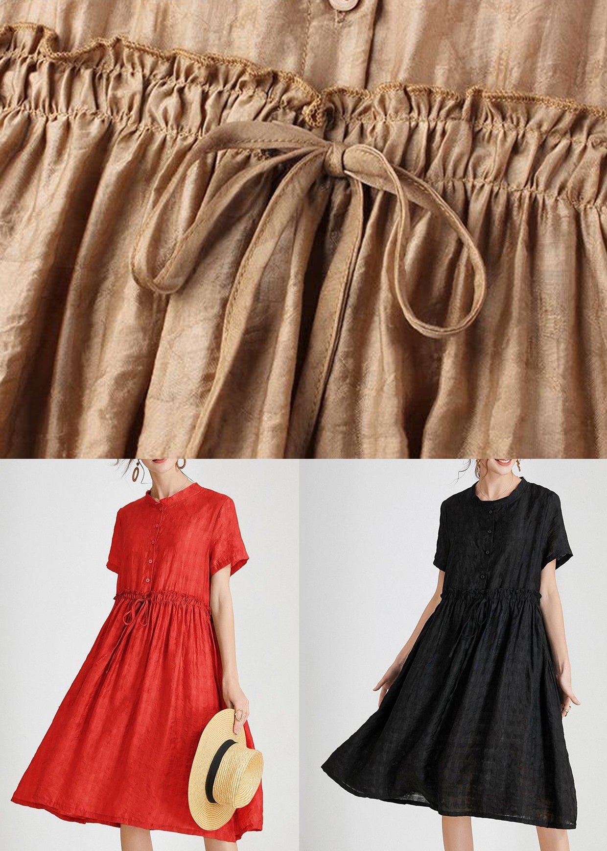 Italian Black O Neck Button Tie Waist Silk Dress Summer Ada Fashion