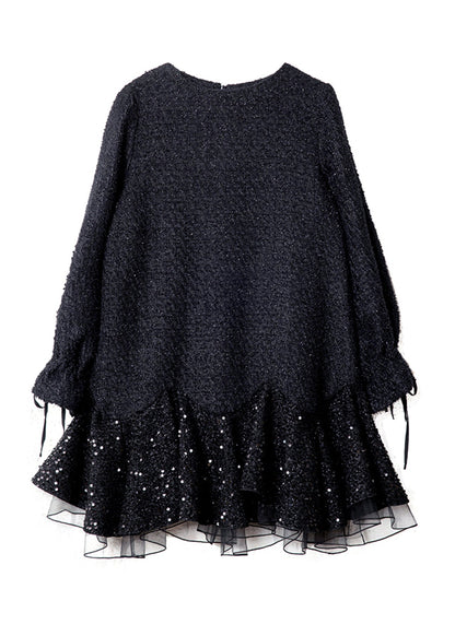 Italienische schwarze O-Ausschnitt Tüll Pailletten Patchwork Kleider Frühling RL026