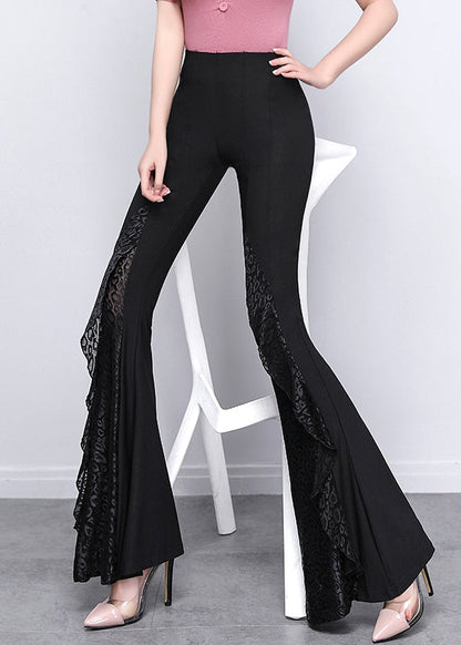 Pantalon évasé en élasthanne noir italien avec dentelle patchwork et effet gainant, printemps YP040