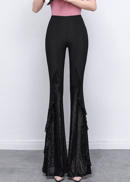Pantalon évasé en élasthanne noir italien avec dentelle patchwork et effet gainant, printemps YP040