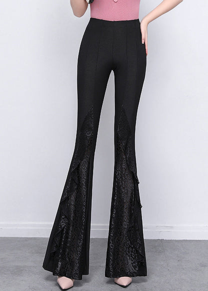 Pantalon évasé en élasthanne noir italien avec dentelle patchwork et effet gainant, printemps YP040