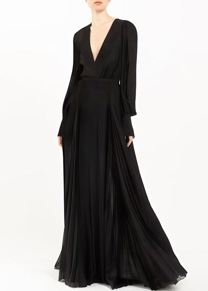 Robe longue en mousseline de soie noire italienne à col en V et à fermeture éclair Automne AM1028