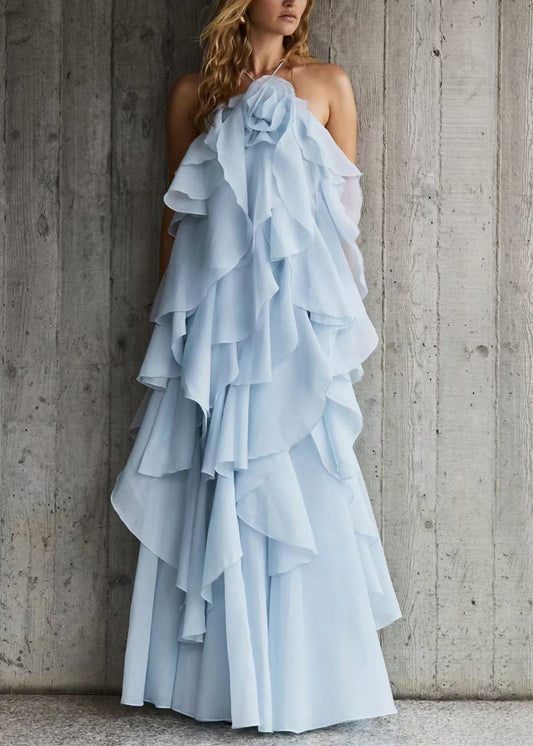 Italienisches blaues Spaghettiträger-Chiffonkleid mit rückenfreiem Schnitt