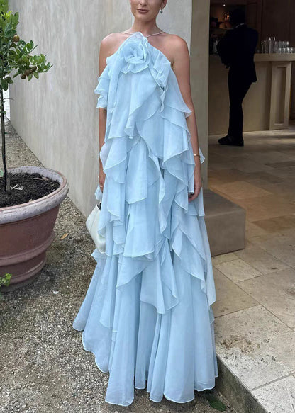 Italienisches blaues Spaghettiträger-Chiffonkleid mit rückenfreiem Schnitt