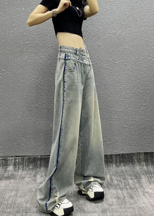 Italian Blue Pockets Patchwork Denim Wide Leg Pants Fall RI003