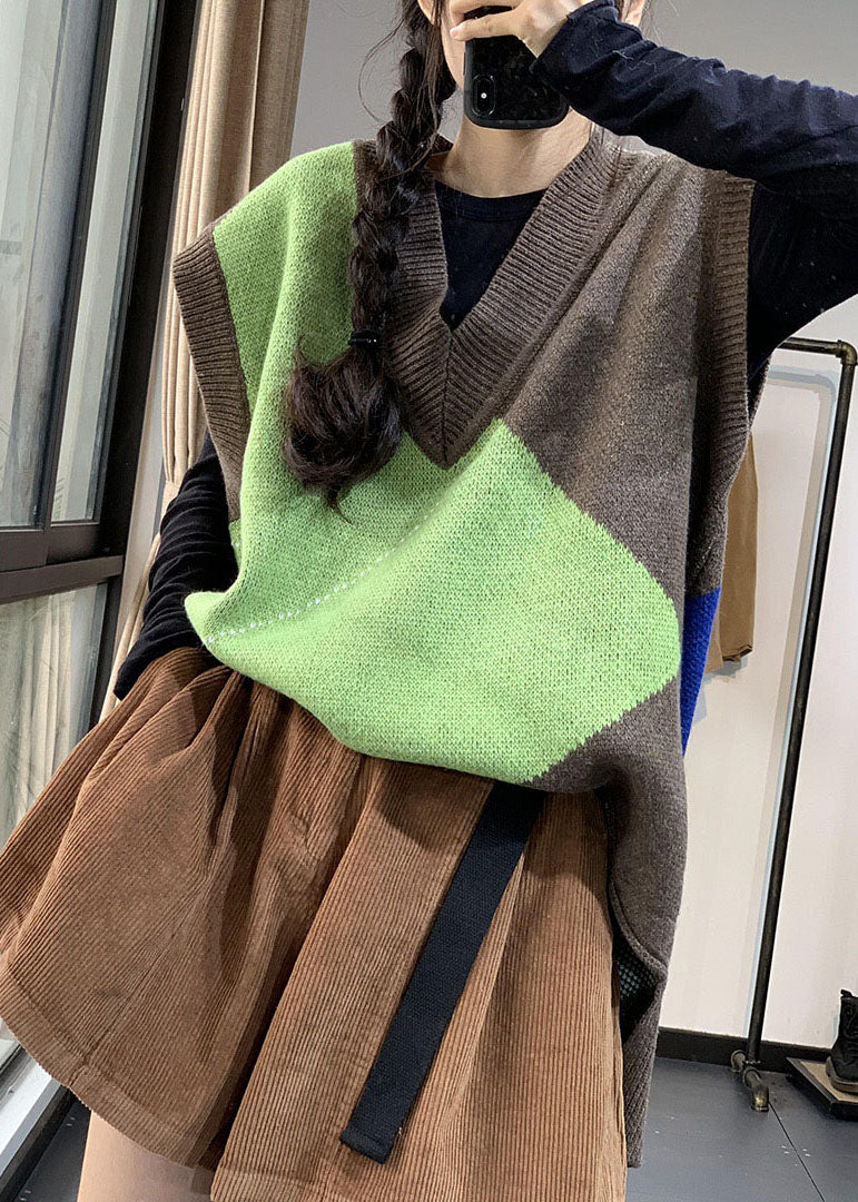 Gilet en tricot patchwork italien à col en V et blocs de couleurs sans manches TJ005
