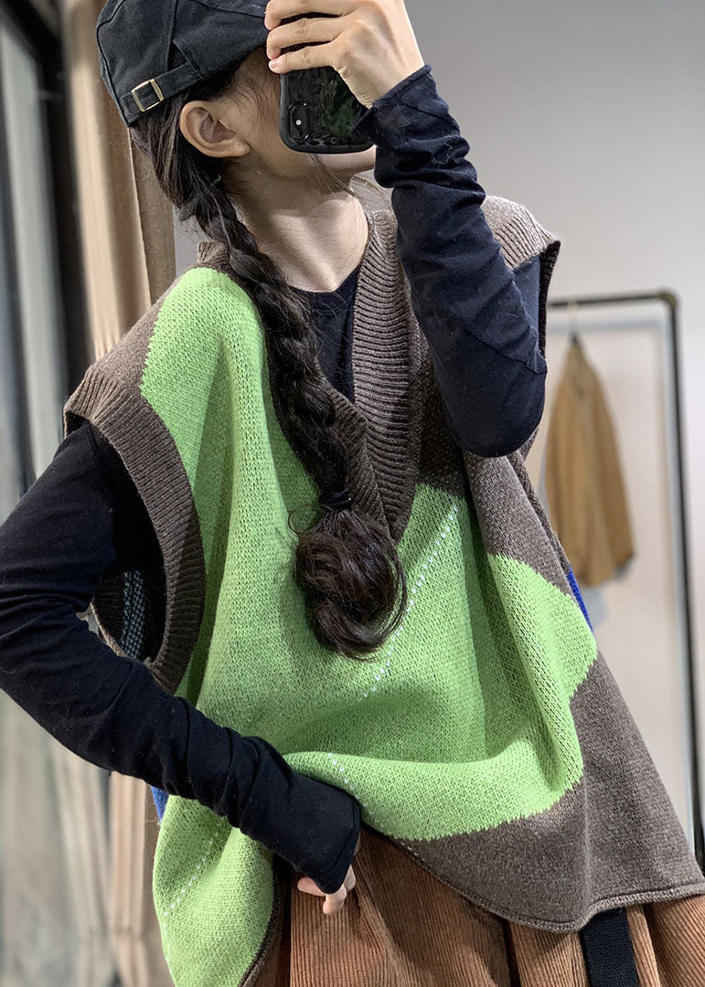 Gilet en tricot patchwork italien à col en V et blocs de couleurs sans manches TJ005