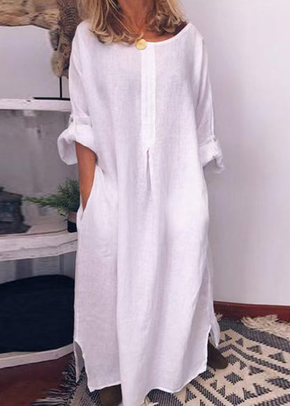 Robe longue en coton vert italien avec poches à col rond Automne QR013