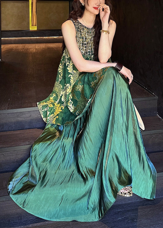 Green Silk Tulle O Neck Patchwork Italian Sequins Dresses
