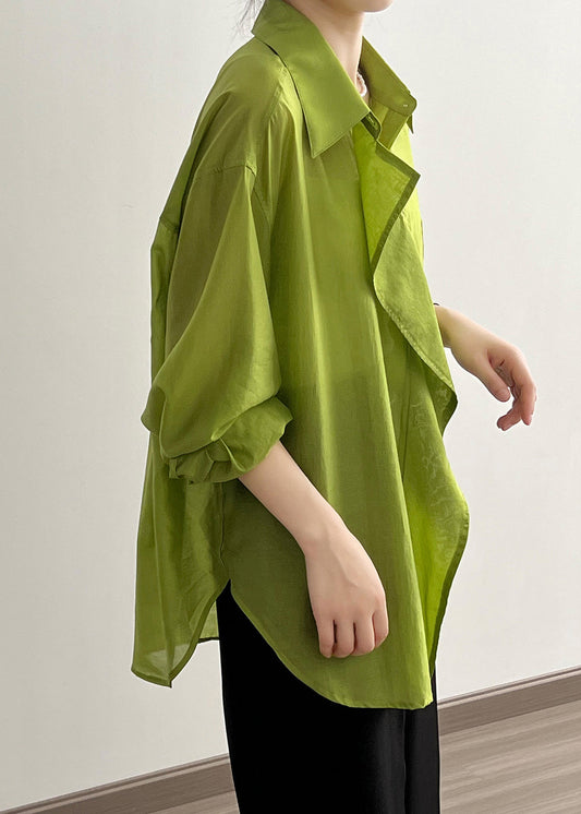 Italian Green Peter Pan Collar Ruffled Cotton Shirt Tops Early Fall QB037