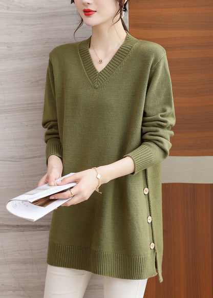 Pull en laine vert italien à col en V et boutons patchwork, hiver RL037