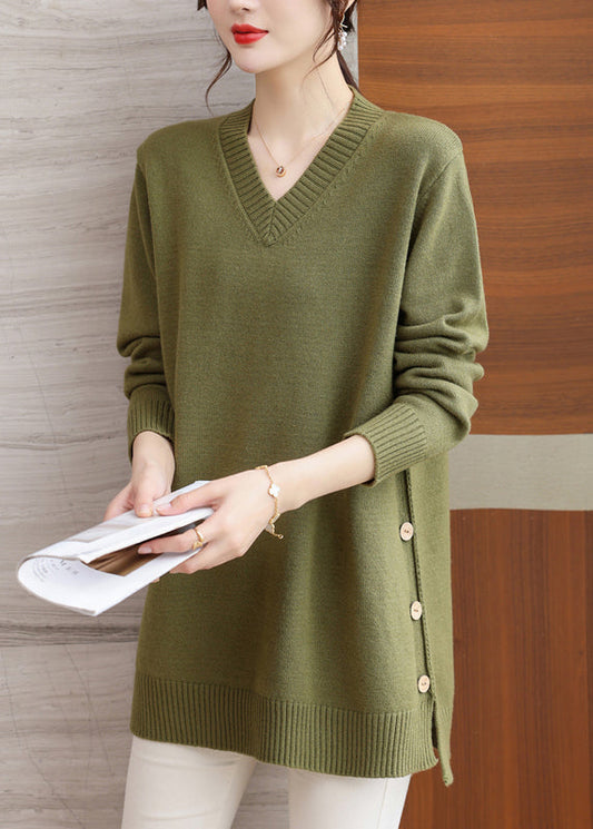 Pull en laine vert italien à col en V et boutons patchwork, hiver RL037