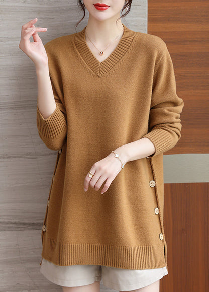Pull en laine vert italien à col en V et boutons patchwork, hiver RL037