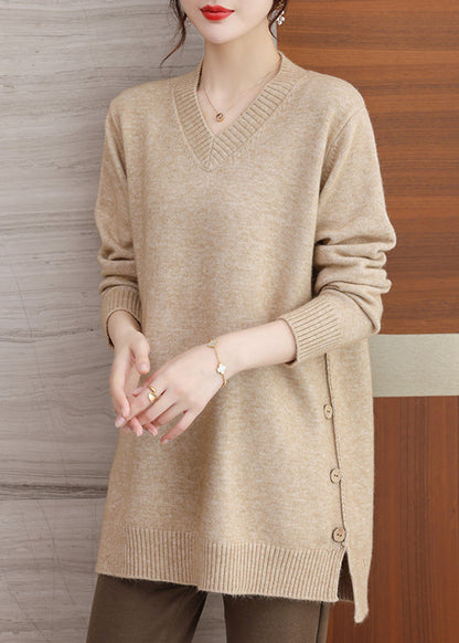 Pull en laine vert italien à col en V et boutons patchwork, hiver RL037
