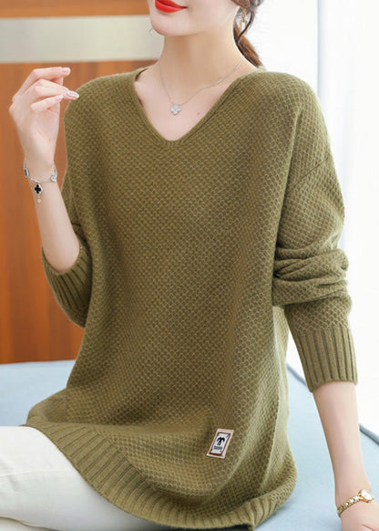 Pull en laine vert italien à col en V et boutons patchwork, hiver RL037