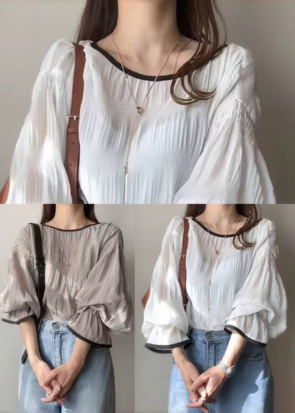 Tops Grey Chiffon Wrinkled Puff Oversized Sleeve Italian