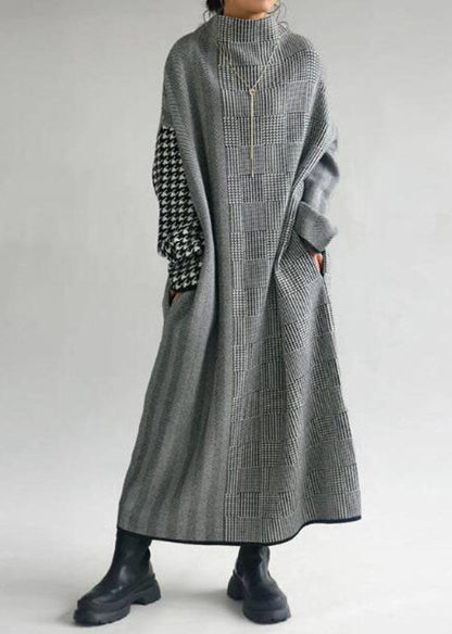 Robe longue en tricot patchwork à col montant et carreaux gris italiens Automne WE018