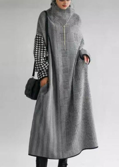 Robe longue en tricot patchwork à col montant et carreaux gris italiens Automne WE018