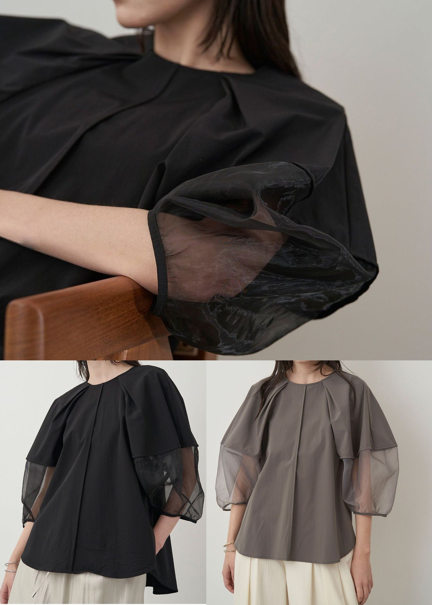 Italian Grey Organza Tops Patchwork Sleeve Summer Puff Shirt