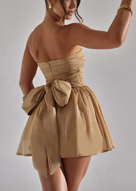 Trägerloses Mini-Khaki-Sommerkleid mit italienischen Pailletten aus Tüll