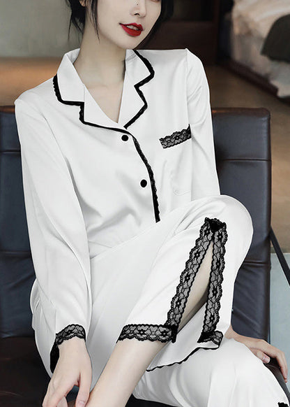 Italian Light Blue Side Open Lace Patchwork Ice Silk Pajamas Two Piece Set Spring YK008